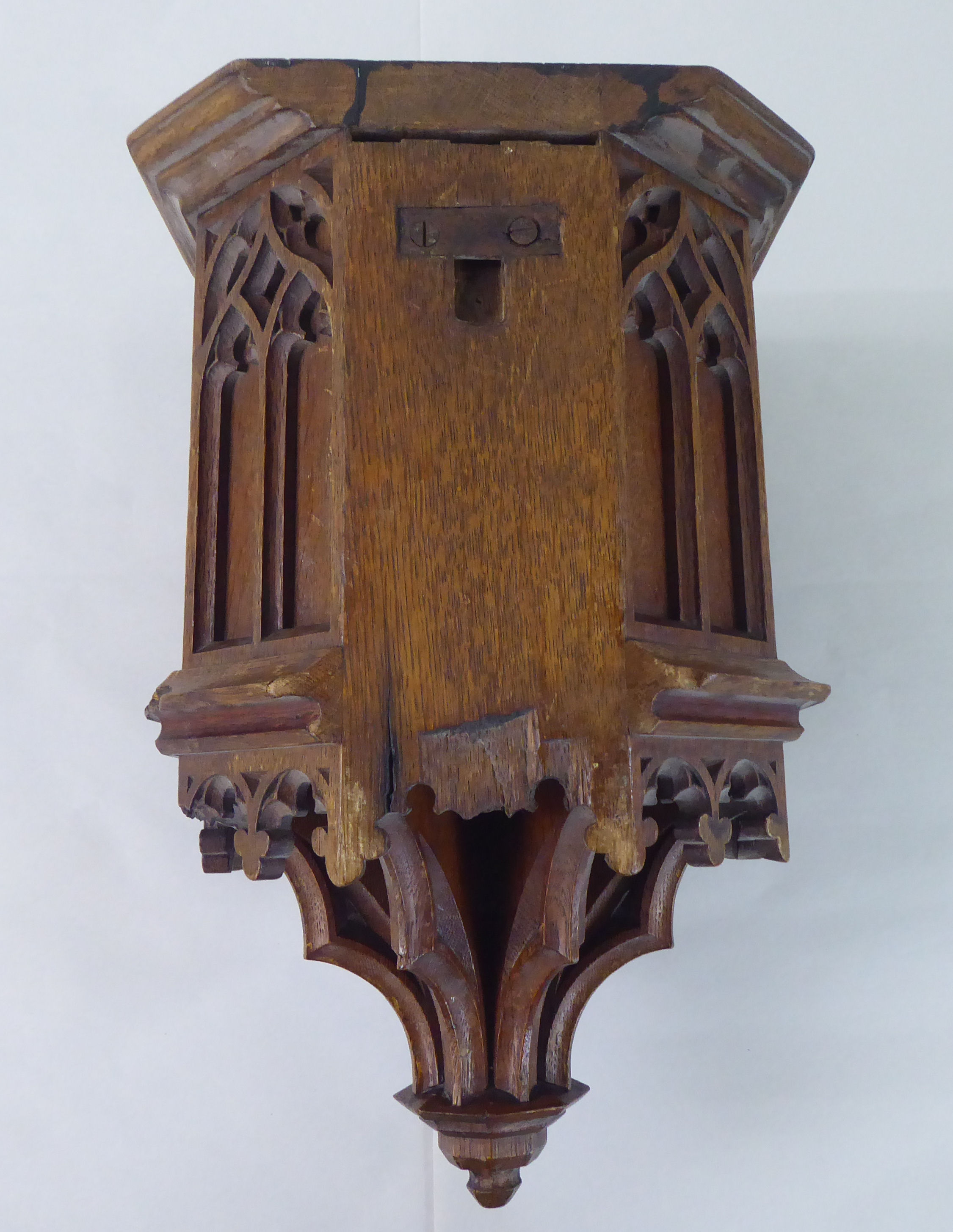 A late 19thC Gothic pulpit design, oak wall bracket with a drop finial  14"h - Image 4 of 4