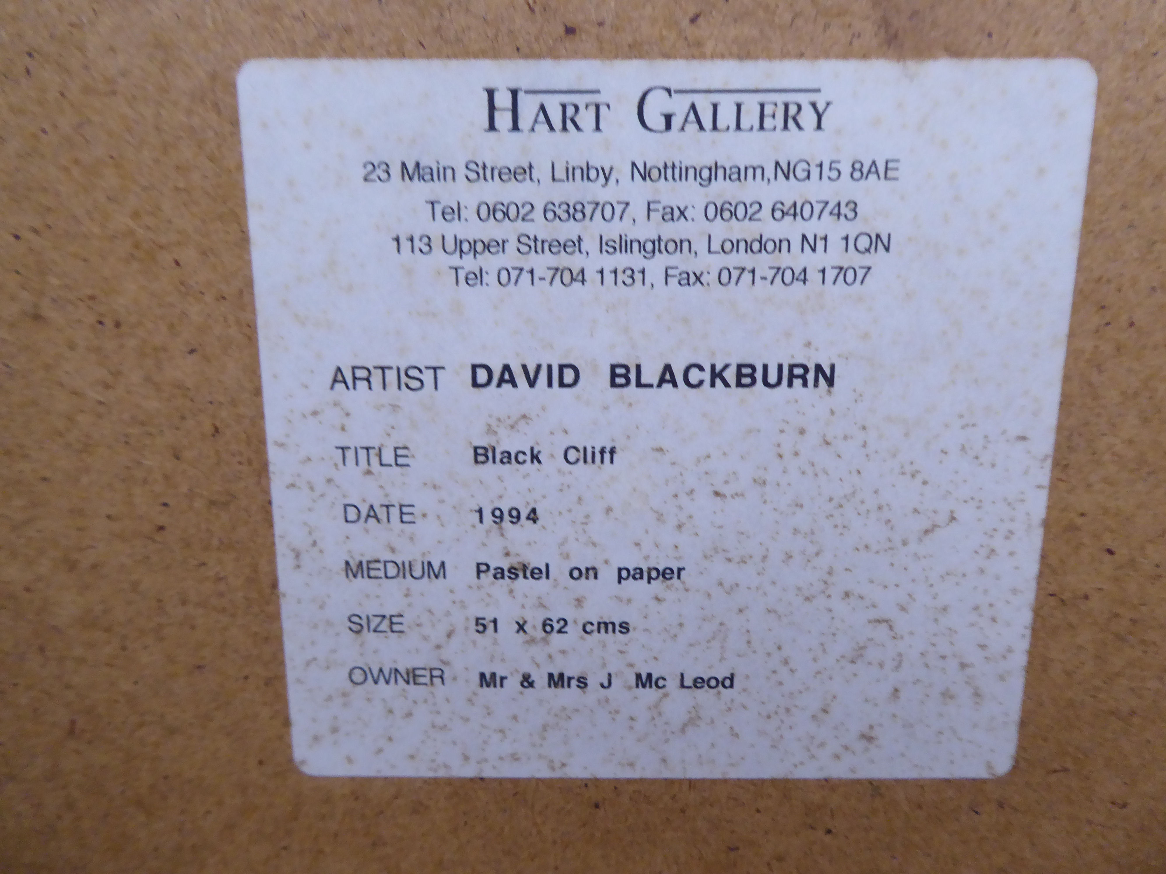 David Blackburn - 'Black Cliff'  pastel  bears a signature, dated 1994 with gallery label verso  20" - Image 3 of 4