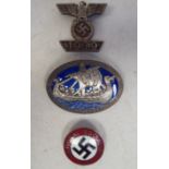 German military badges, viz. a 1939 example, incorporating emblems; a National Socialist N.95 for