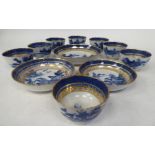 Late 18thC porcelain teaware, decorated in blue, white and gilding with Chinese seascapes, small