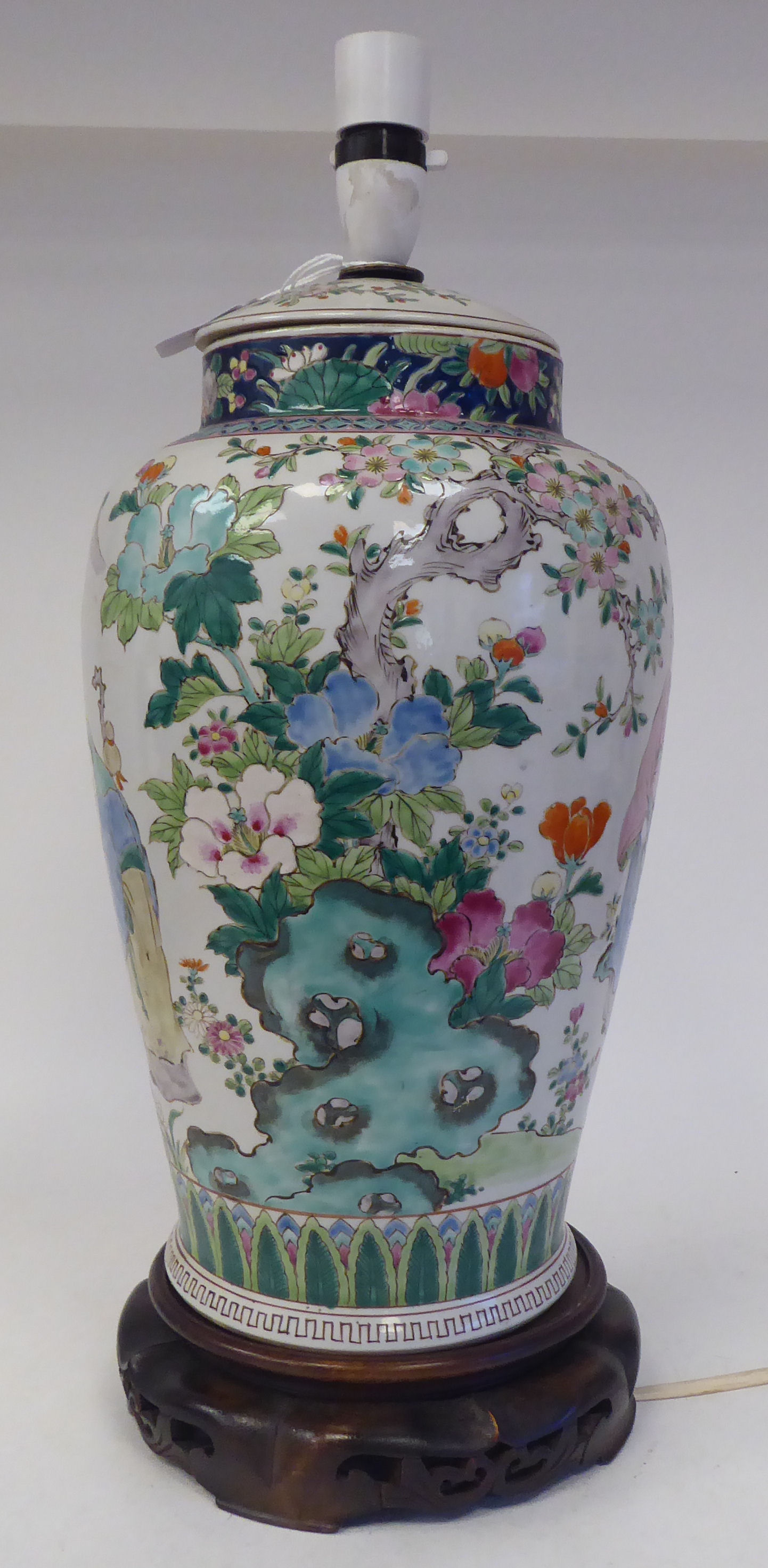 A late 19th/early 20thC Chinese porcelain table lamp of covered, baluster vase design, decorated