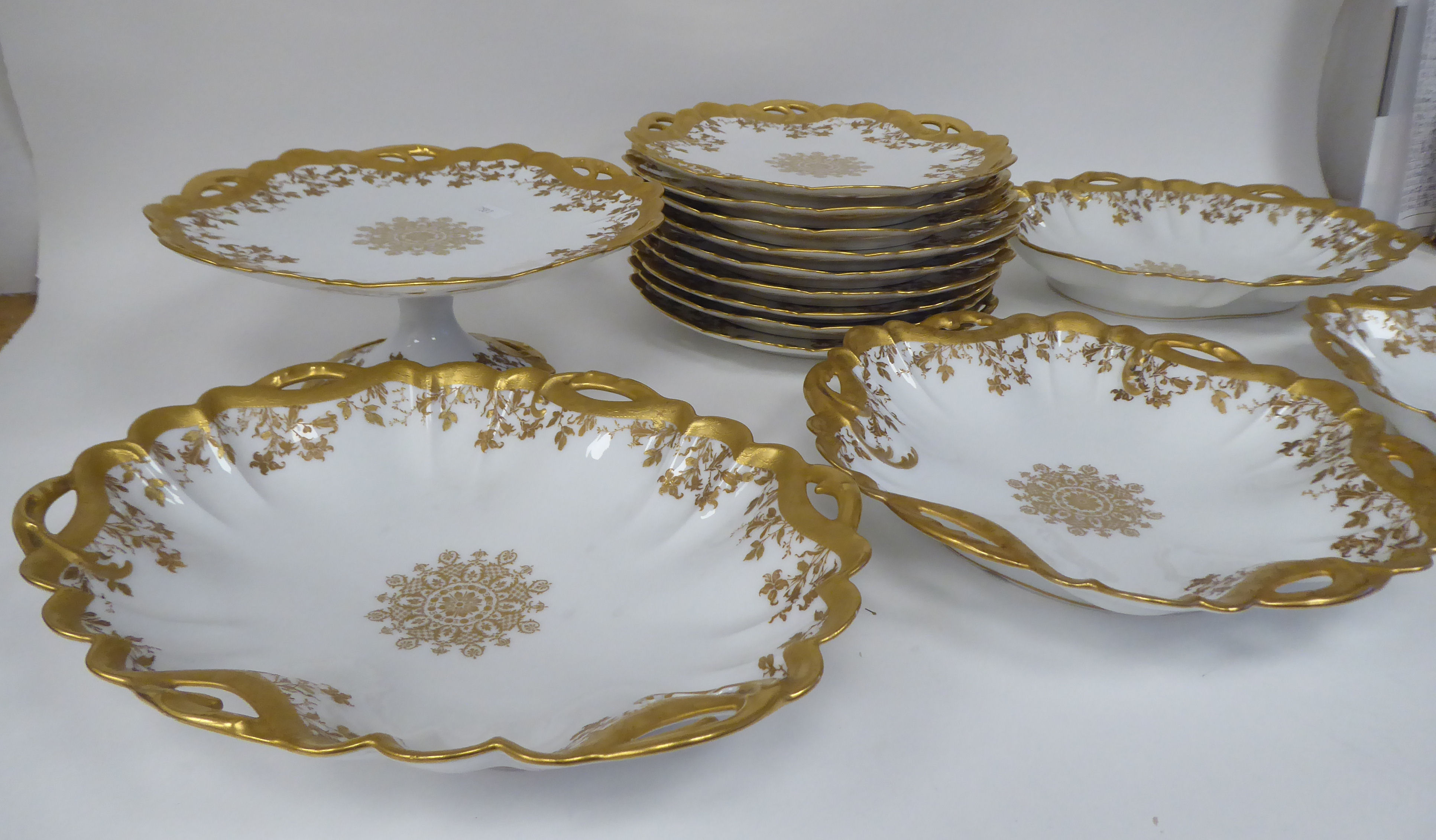 A late 19th/early 20thC Haviland porcelain dessert service, made by HG Stephenson, decorated with - Image 4 of 5
