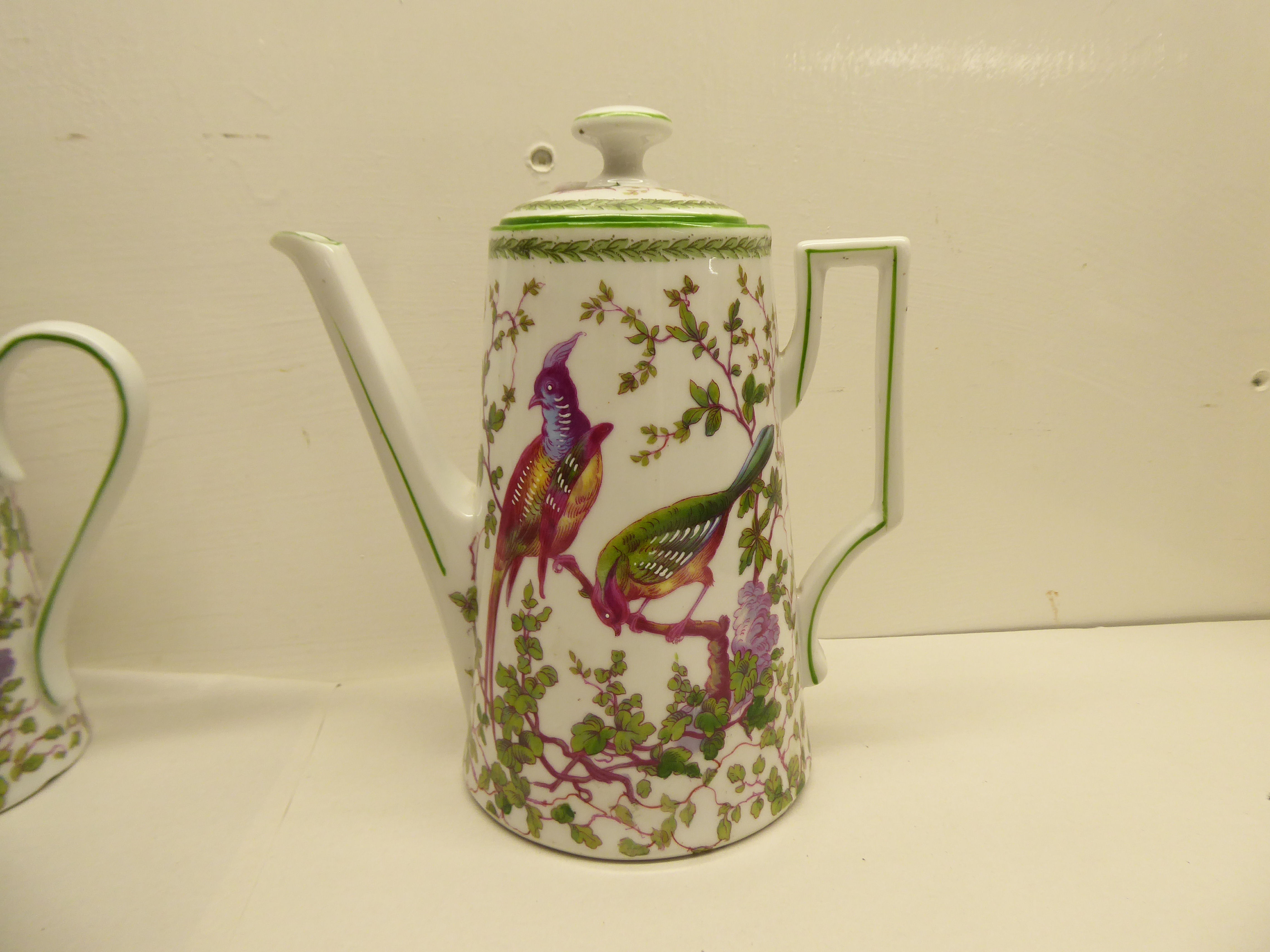 English china, decorated with birds and foliage  comprising a tea and coffee pot with ten cups and - Image 5 of 6