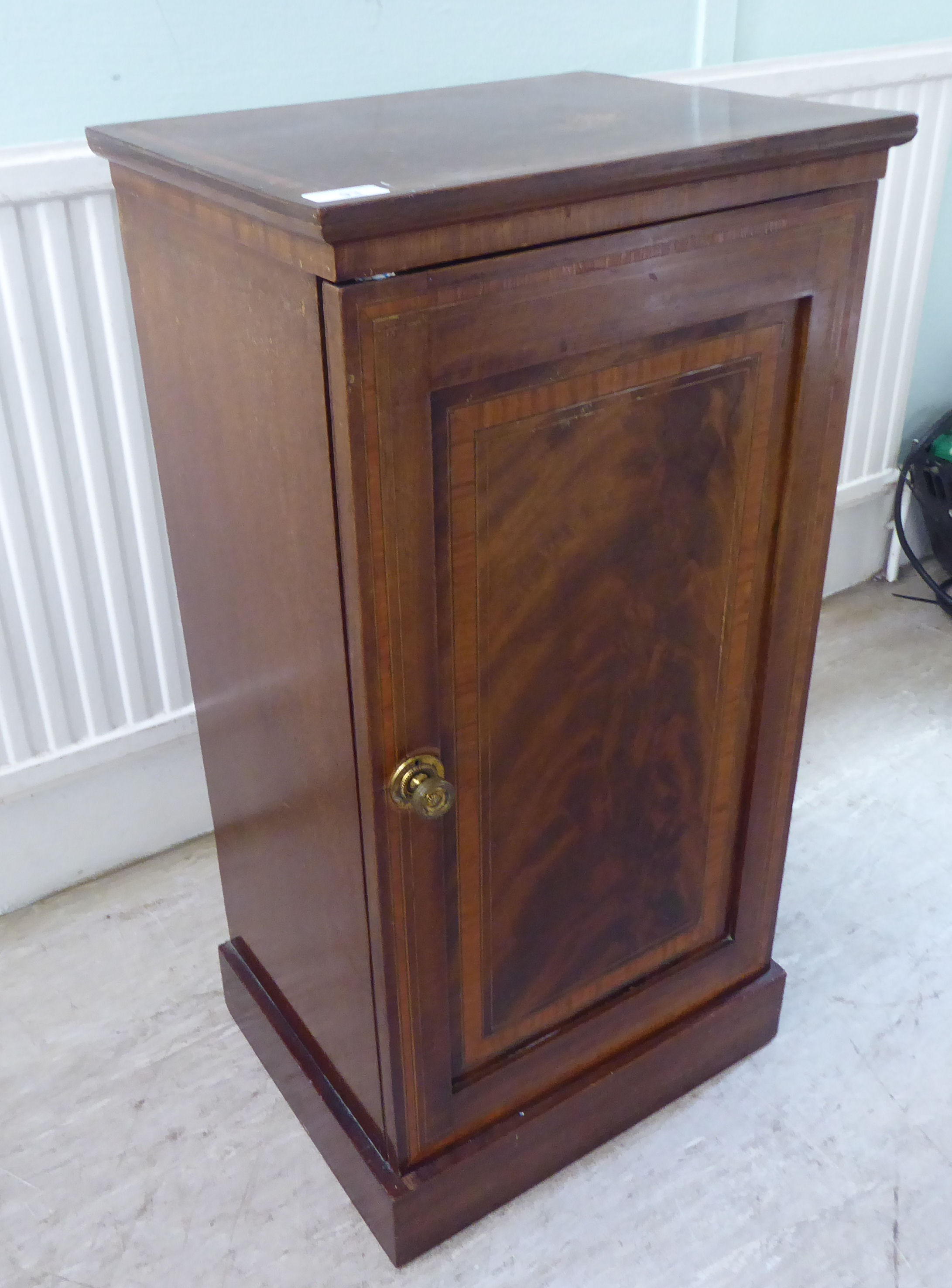 A late Victorian crossbanded and string inlaid mahogany pot cupboard, enclosed by a full-height - Image 2 of 4