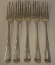 A set of five George III silver Old English pattern table forks  HS  London 1800  (approx.