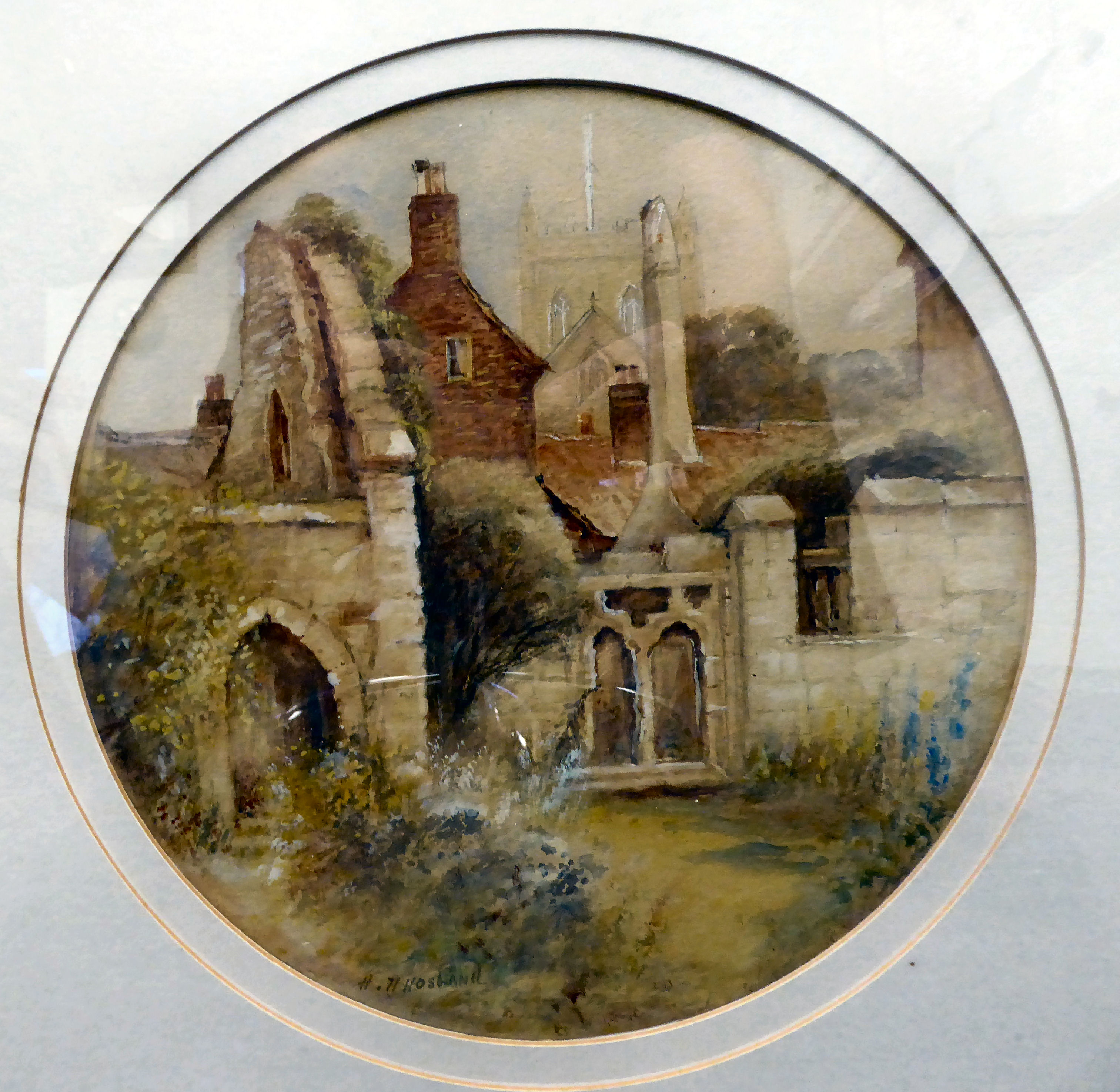HH Hosband - 'St Anne's Chapel, Ripon'  watercolour  bears a signature & label verso  10"dia  framed - Bild 2 aus 4