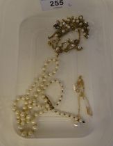 Seed pearl set items, viz. a graduated bead necklace, on a 9ct gold clasp; and another, on a fine