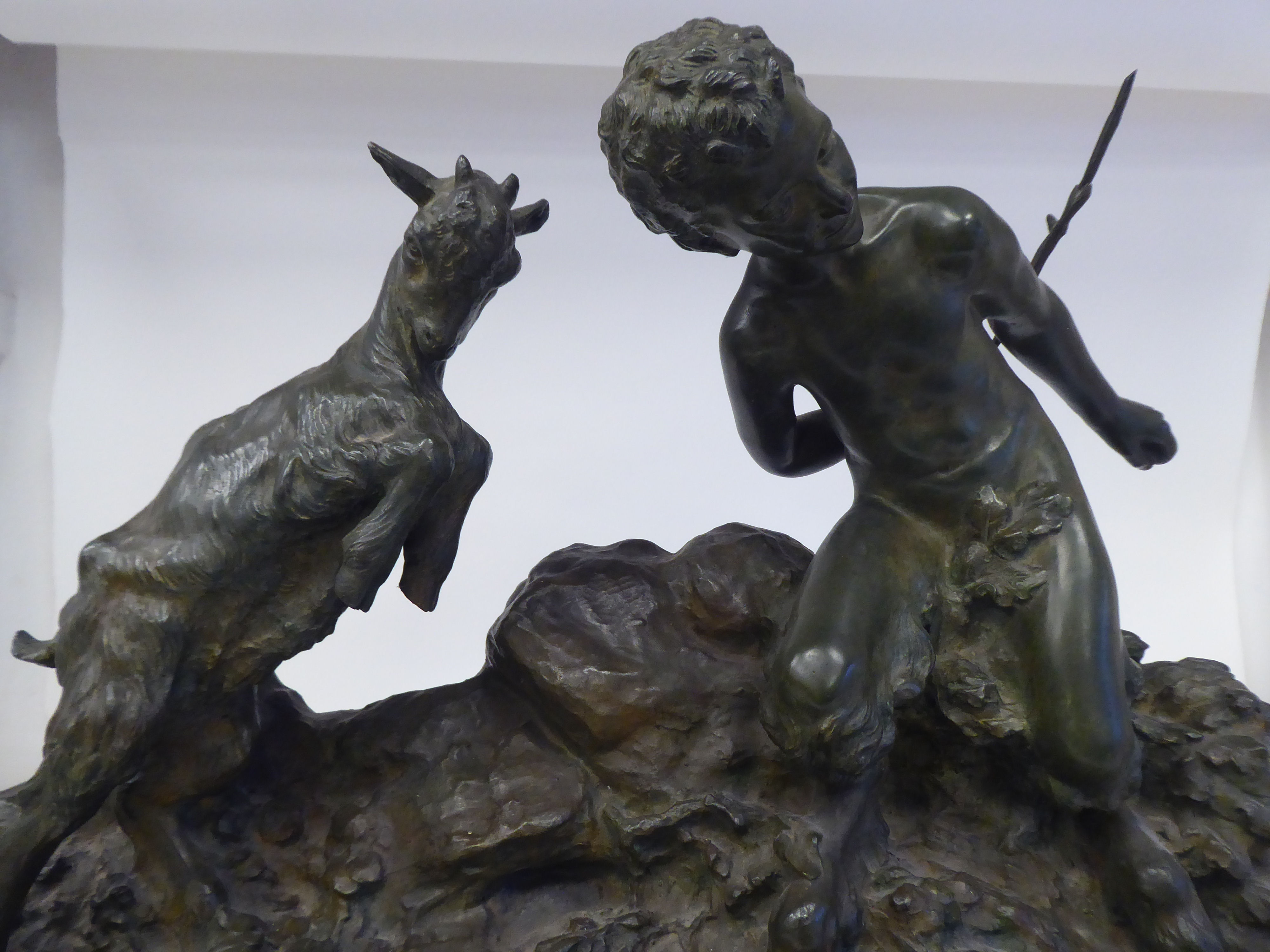 J D'aste - a cast and patinated green bronze sculpture, The Greek God Pan in a confrontation with - Image 2 of 5