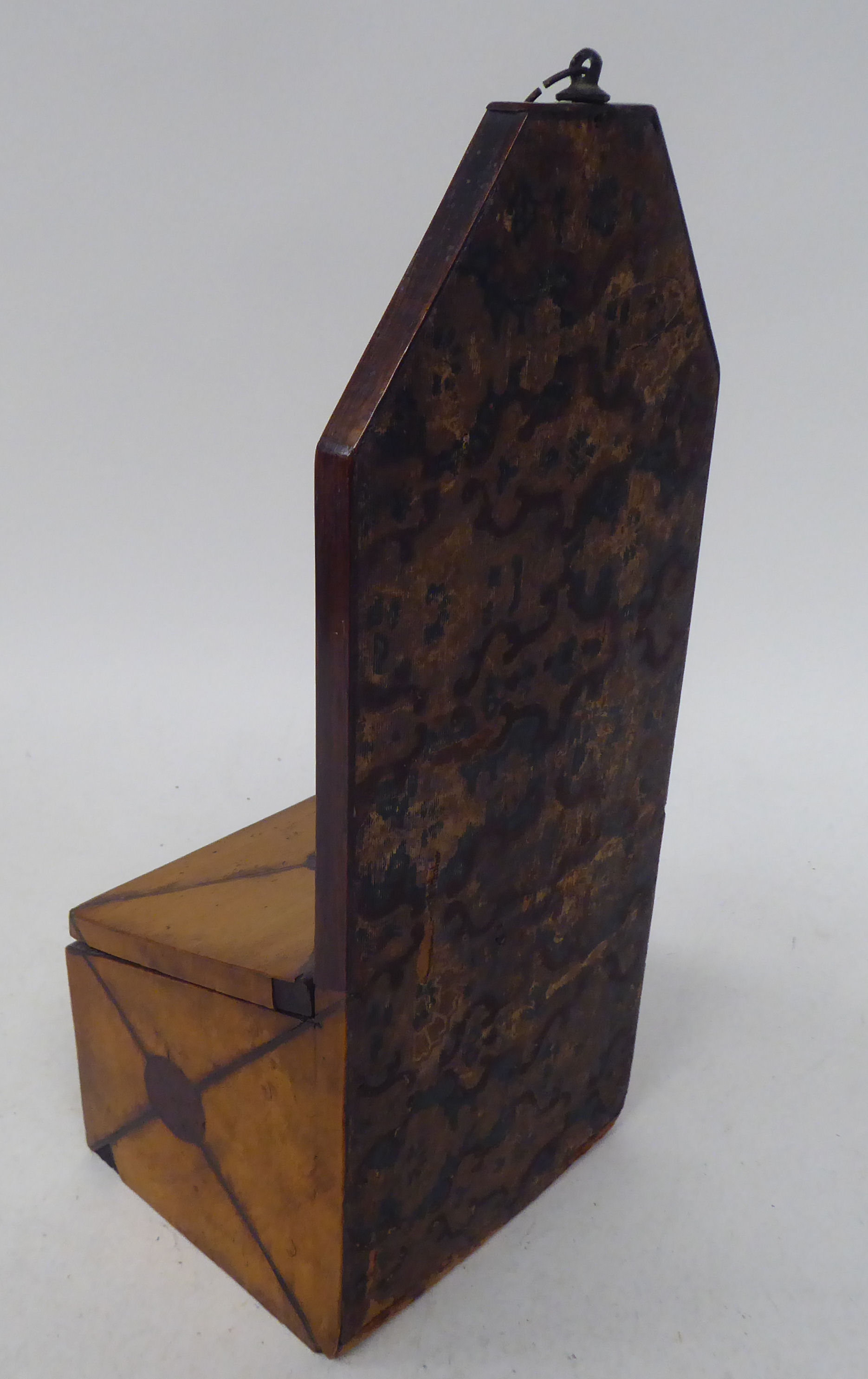 An early 19thC treen satinwood wall hanging salt box with an extended backplate, over an angled - Image 3 of 3