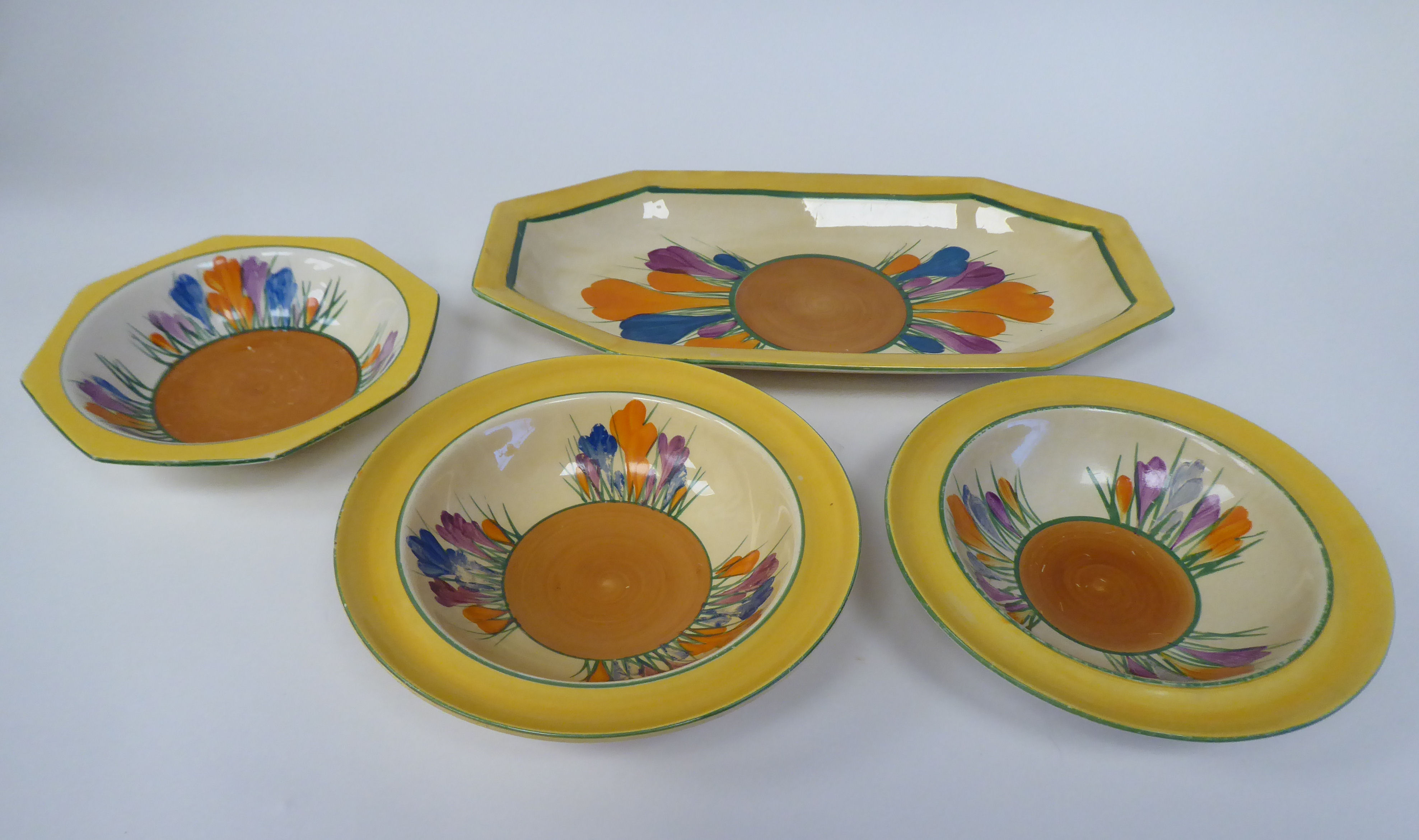 A Clarice Cliff Bizarre, Newport pottery, Crocus pattern elongated octagonal sandwich plate  11.5"L;