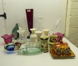 A mixed lot: to include mainly decorative ceramics and glassware, featuring a cranberry coloured