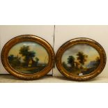 Two early 20thC reverse painted European village scenes on glass  14" x 17"  framed