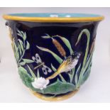 A late 19thC George Jones majolica, bell design jardinière, extravagantly moulded with small birds