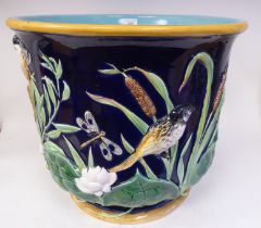 A late 19thC George Jones majolica, bell design jardinière, extravagantly moulded with small birds