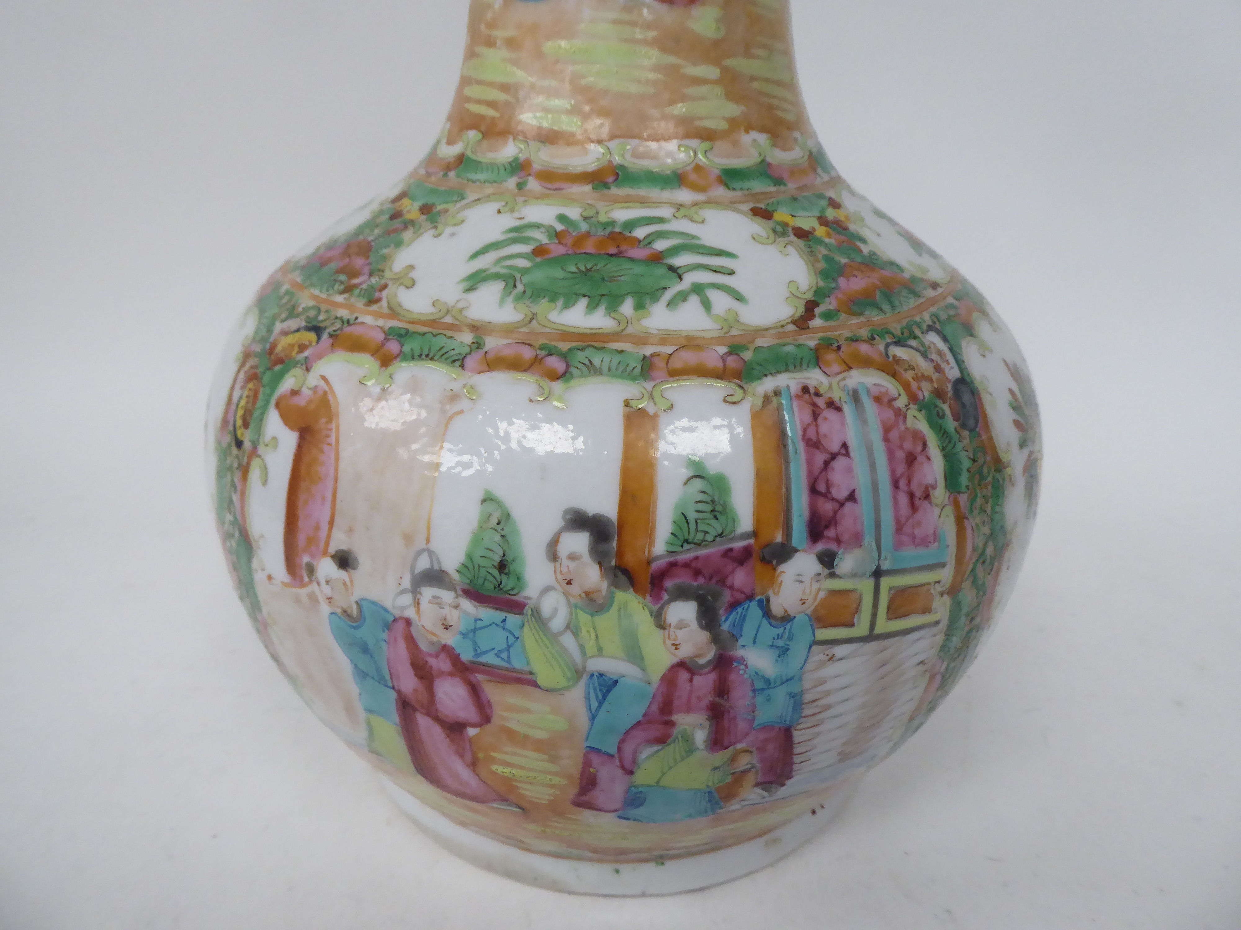 A late 19thC Chinese Canton porcelain bulbous bottle vase with a long, narrow and tapered neck, - Image 6 of 7