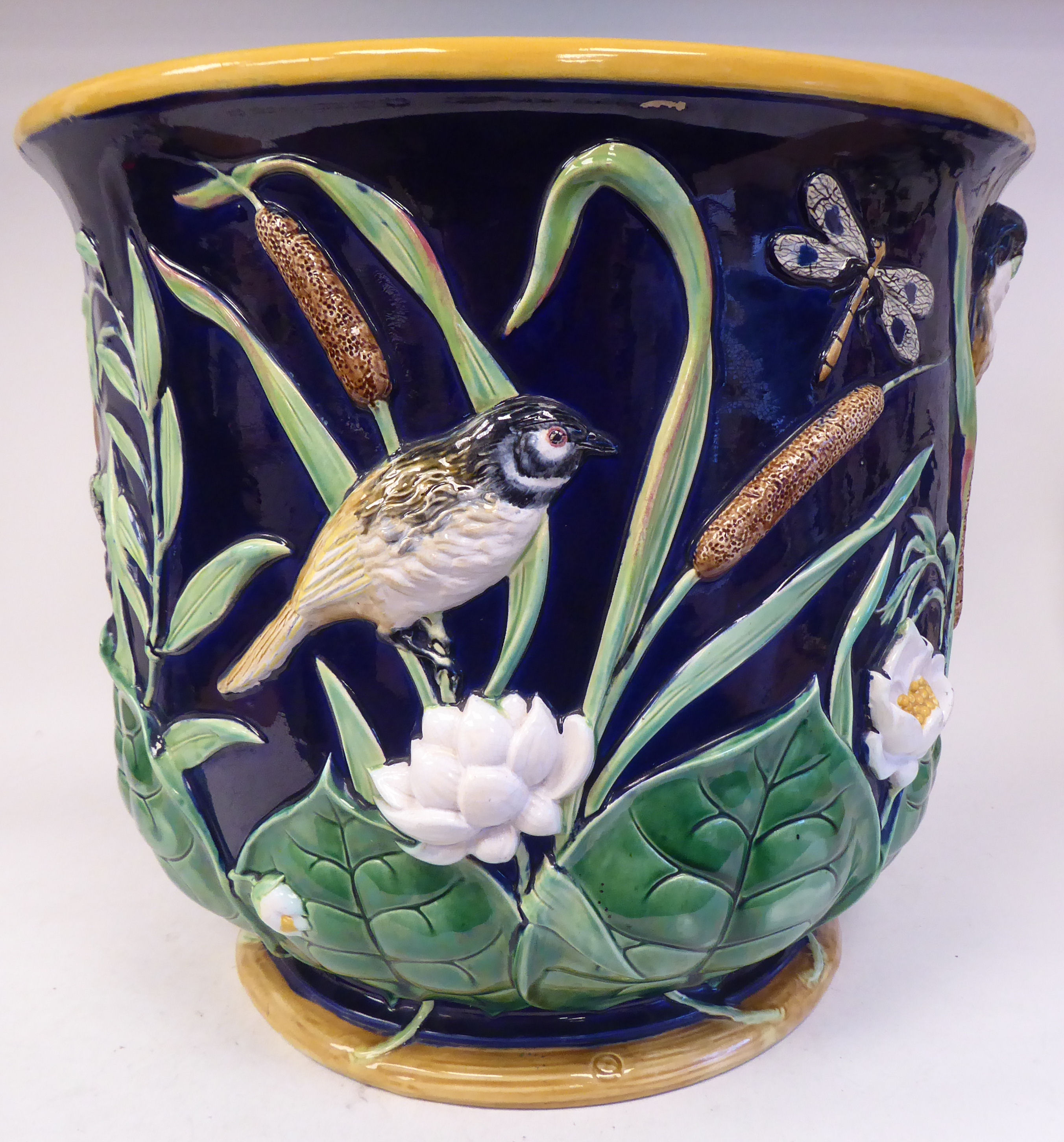 A late 19thC George Jones majolica, bell design jardinière, extravagantly moulded with small birds - Image 4 of 8