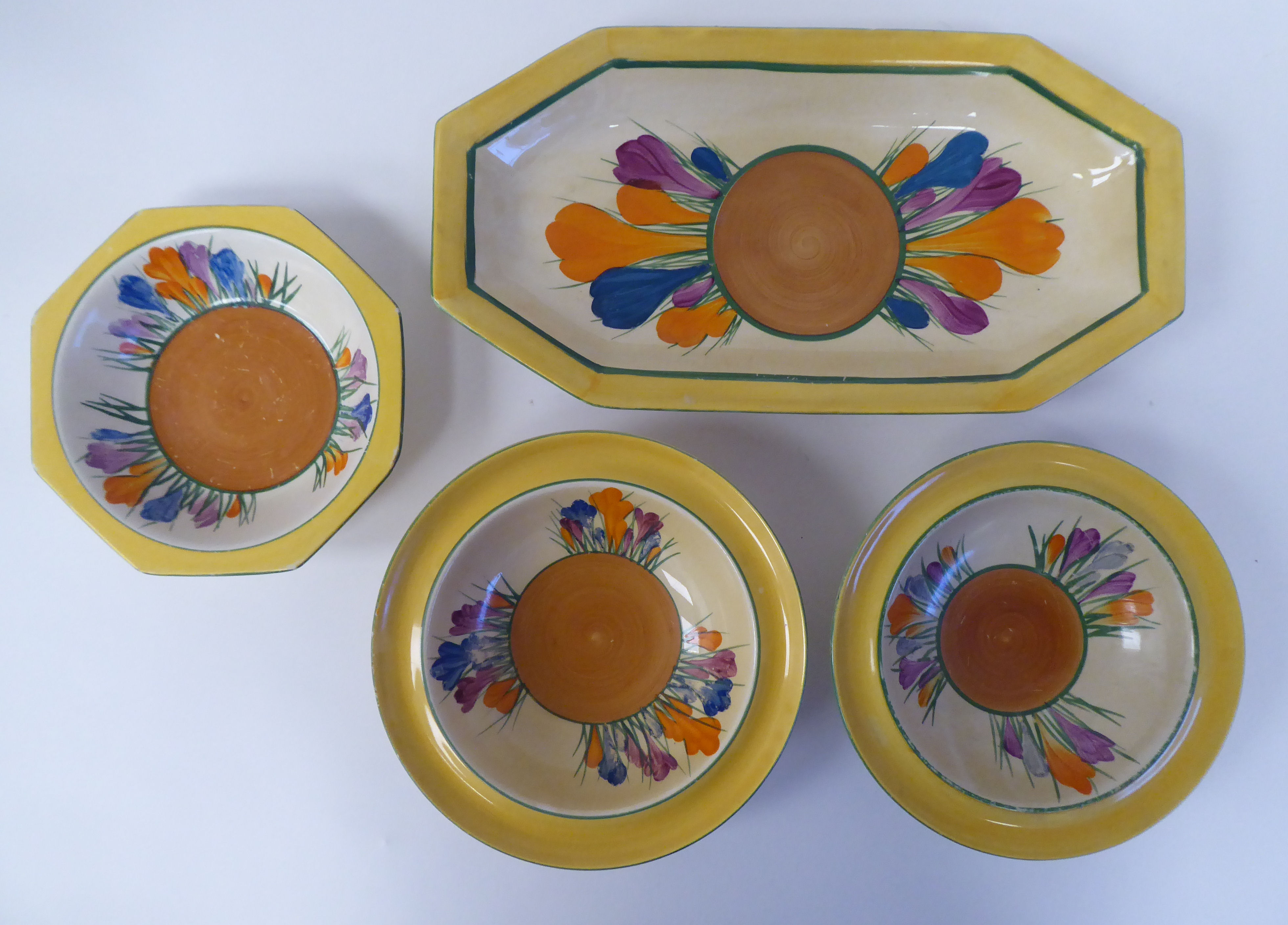 A Clarice Cliff Bizarre, Newport pottery, Crocus pattern elongated octagonal sandwich plate  11.5"L; - Image 2 of 3