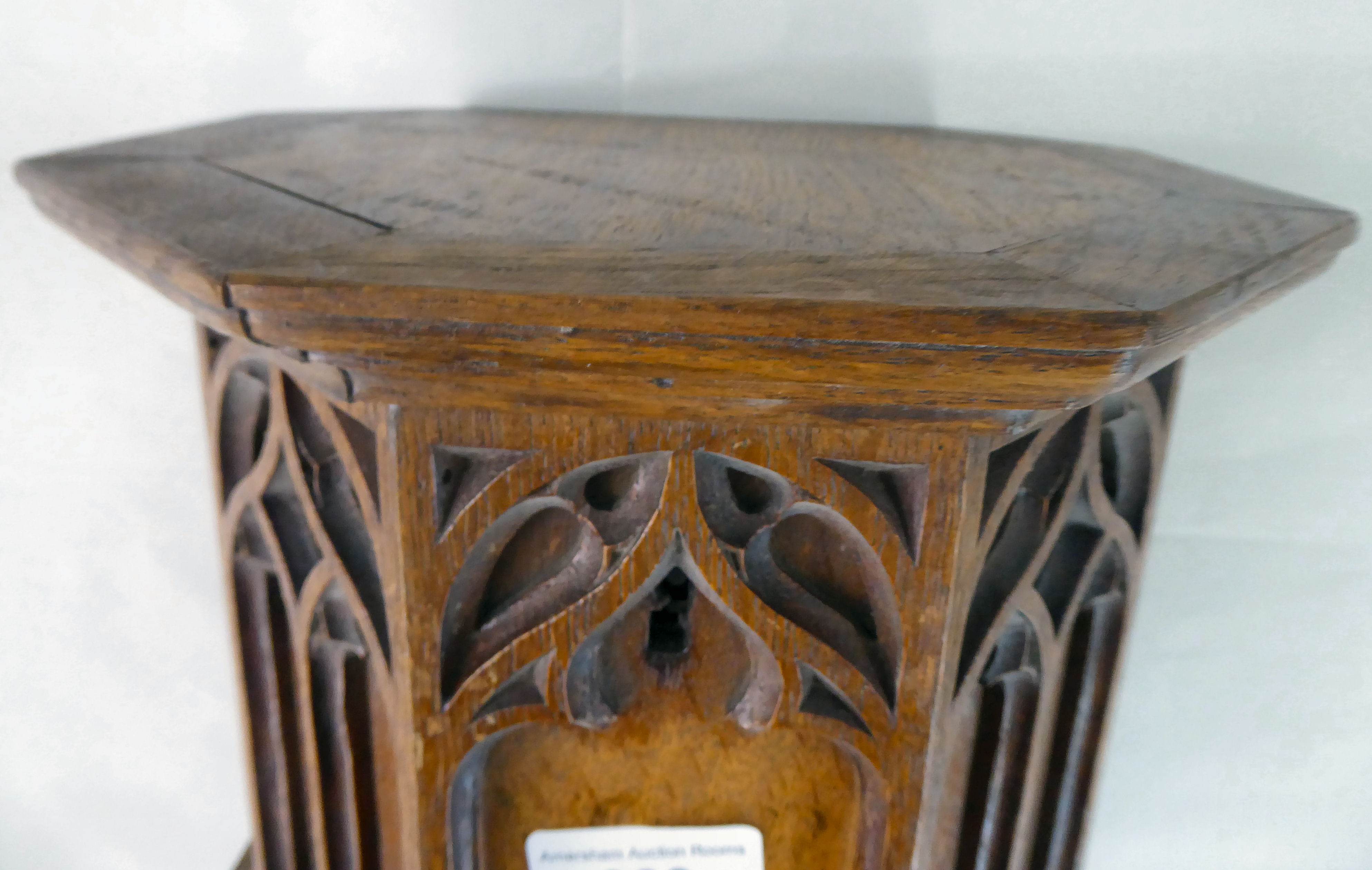 A late 19thC Gothic pulpit design, oak wall bracket with a drop finial  14"h - Image 2 of 4