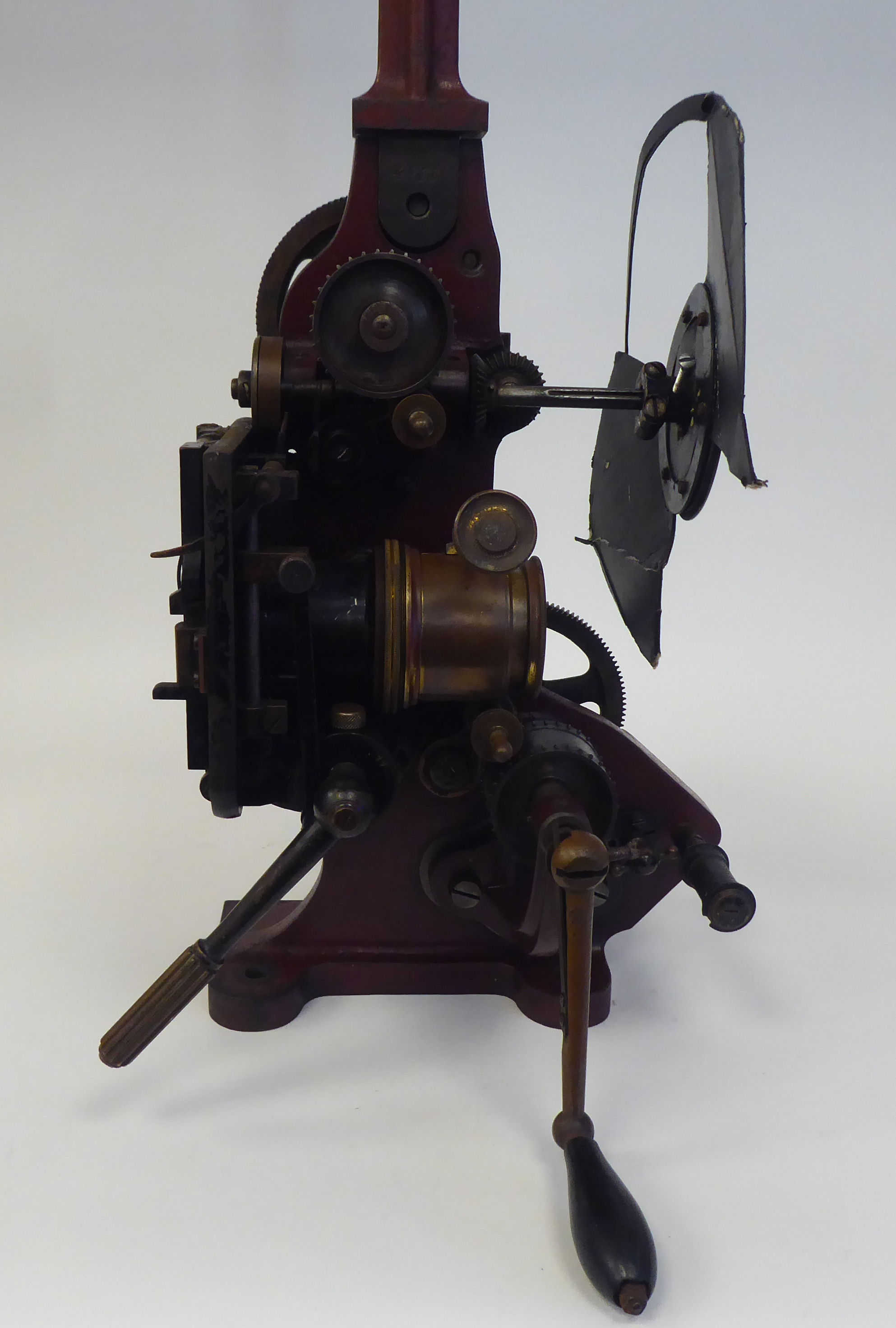 A Pathe Freres, Paris, circa 1906 maroon painted iron, hand crank projector  No.4582, on a plinth - Image 4 of 6