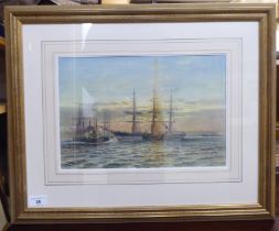 Max Sinclair - a seascape with steam and other ships at dusk  watercolour  bears a signature  10"