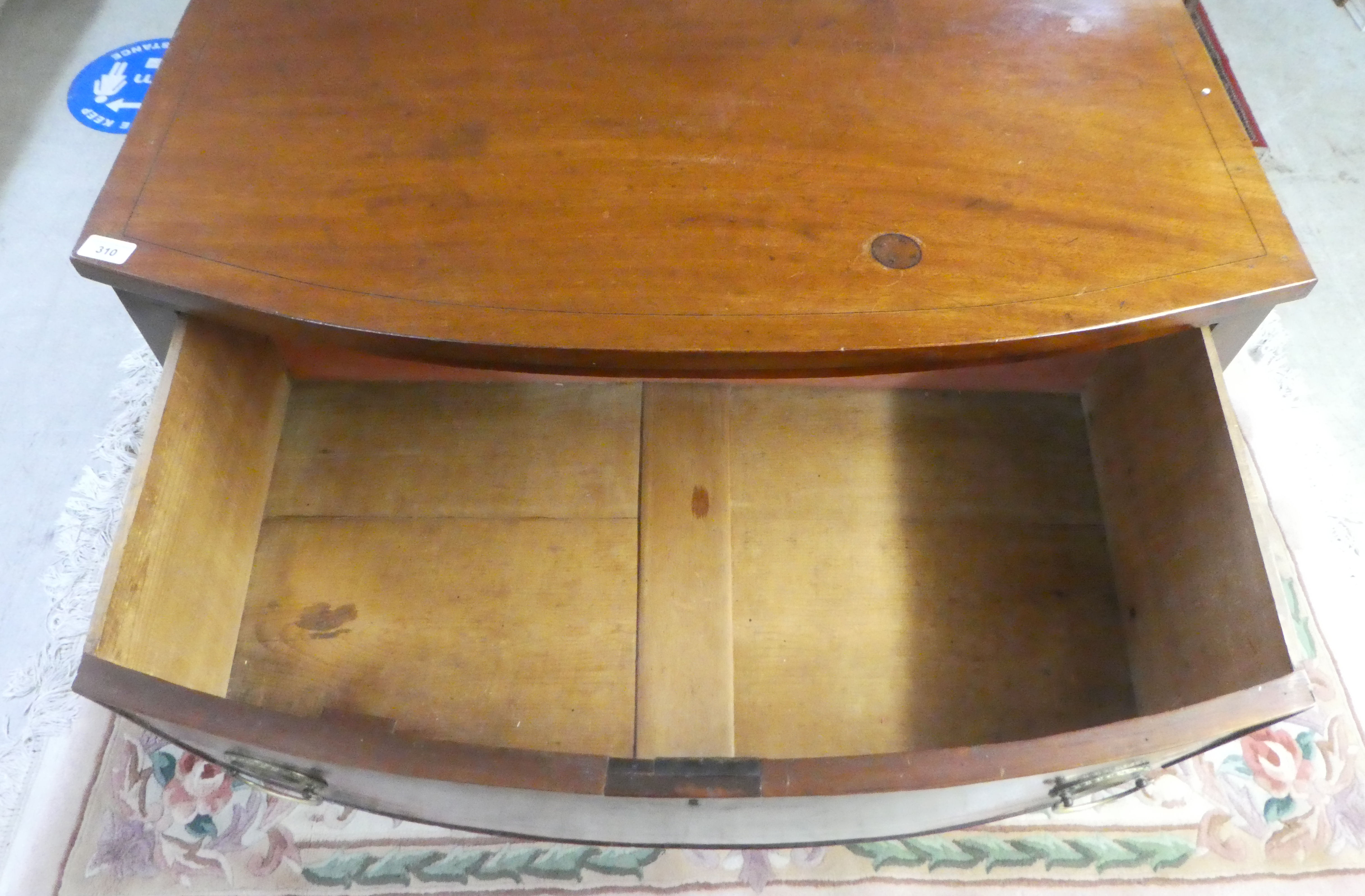A late 19thC ebony inlaid mahogany bow front single drawer serving table, raised on square, - Image 3 of 4