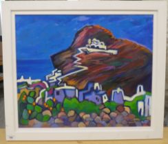 Jean Harvey - a Mediterranean hillside shoreline scene  oil on canvas  bears a signature  19" x 23"