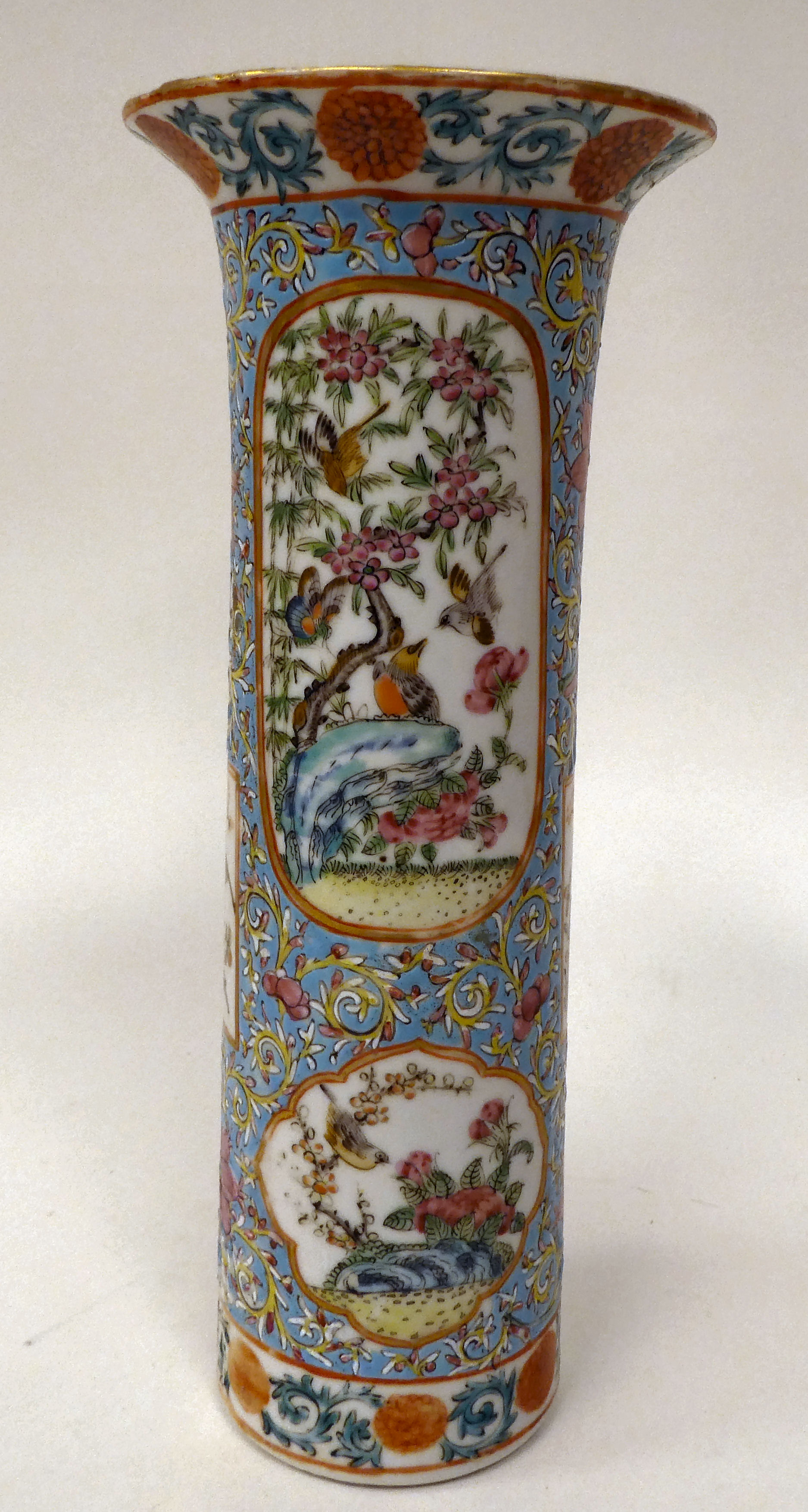 A late 19thC Chinese porcelain vase of cylindrical form, decorated with panels of flora, birds and - Image 2 of 4