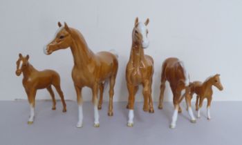 A group of five Beswick china horses/foals, each in brown tan with white  manes  largest 6"h