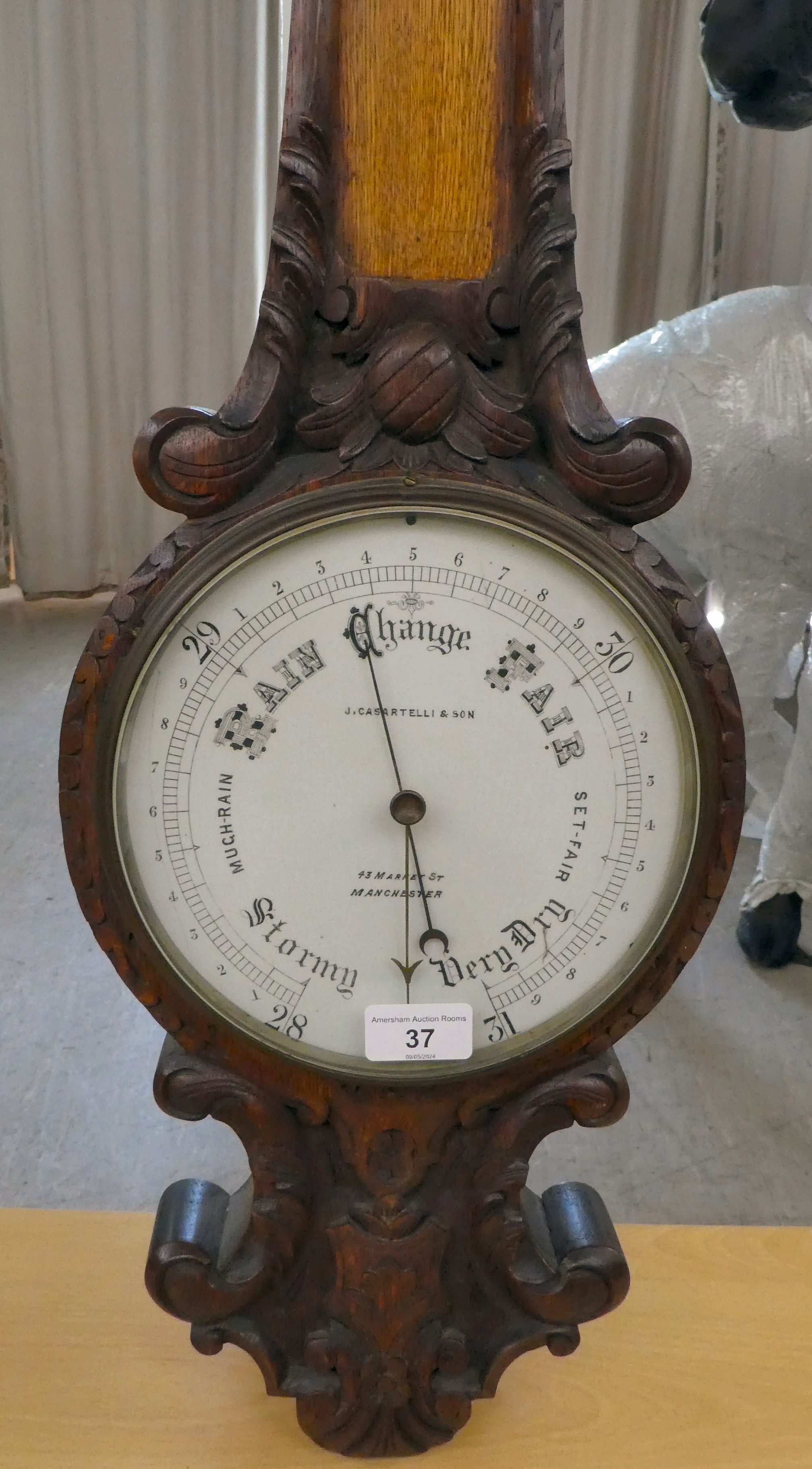 A 1930s oak cased barometer, the dial inscribed J Casartelli & Son of Manchester  34"h - Image 3 of 5