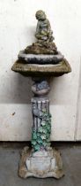 A composition stone pedestal, decorated with trailing ivy and mice  28"h a spare birdbath and a