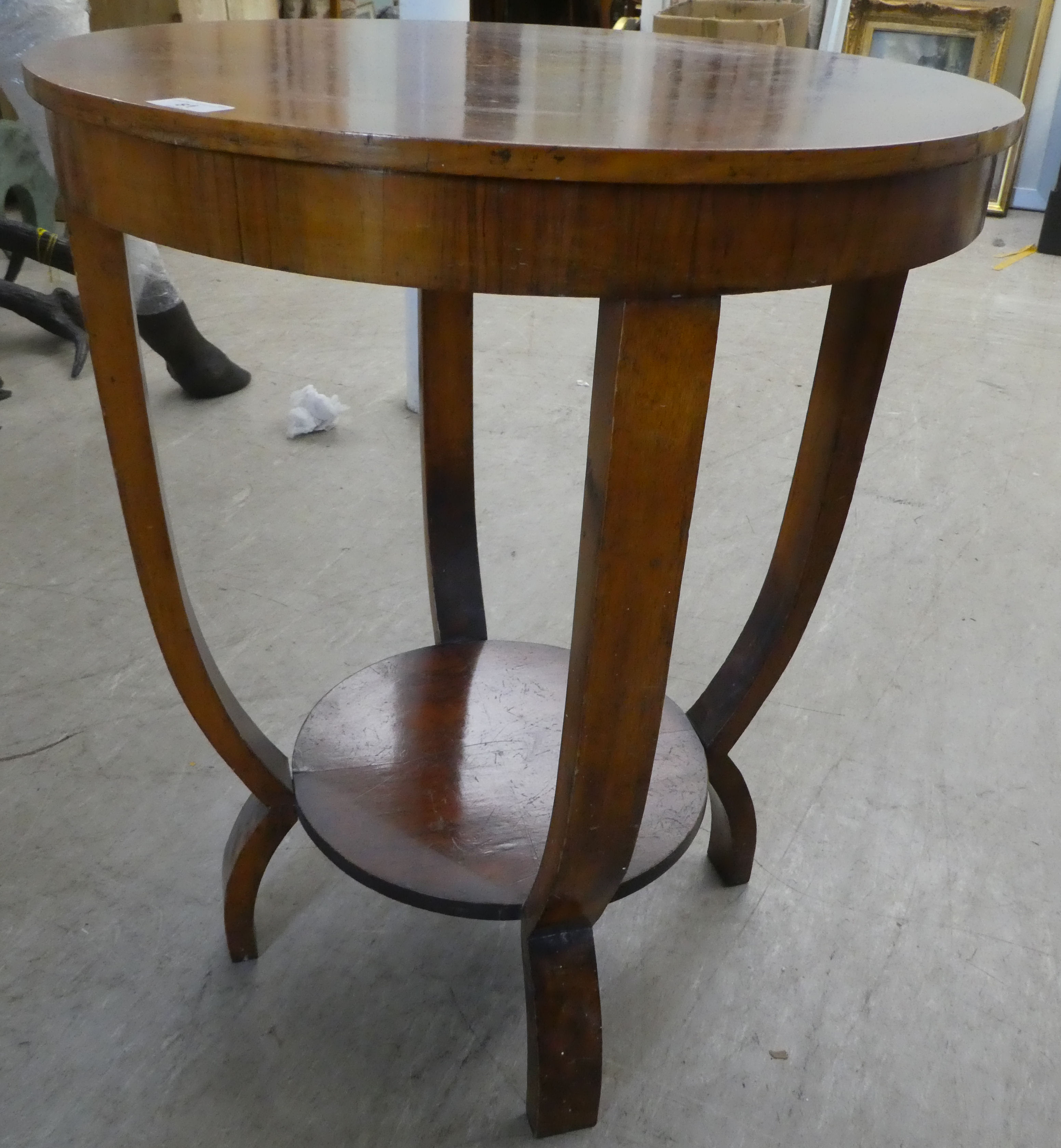 An Art Deco walnut finished two tier centre table, raised on curved legs  27"h  23"dia - Image 3 of 4