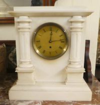 A 1930s white marble cased mantel clock; the movement faced by a Roman dial  14"h  13"w