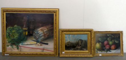 Three framed oil paintings, landscapes and still life studies  largest 15" x 18"