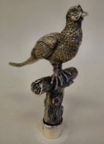 A silver plated novelty walking cane handle, fashioned as a pheasant on a log