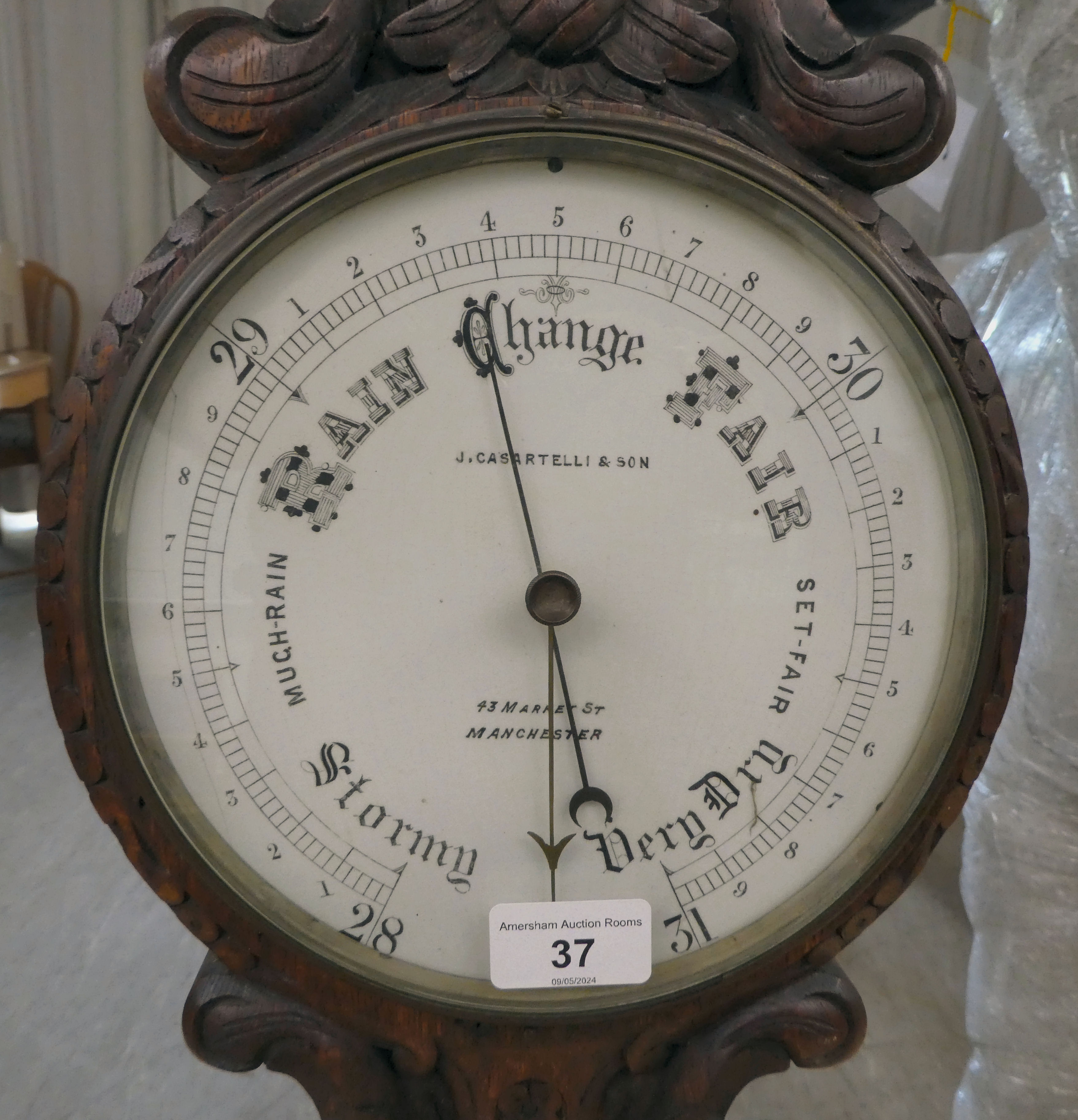 A 1930s oak cased barometer, the dial inscribed J Casartelli & Son of Manchester  34"h - Image 4 of 5