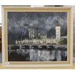 L Thorpe - a view from the Thames of the Houses of Parliament  oil on canvas  bears a signature  19"