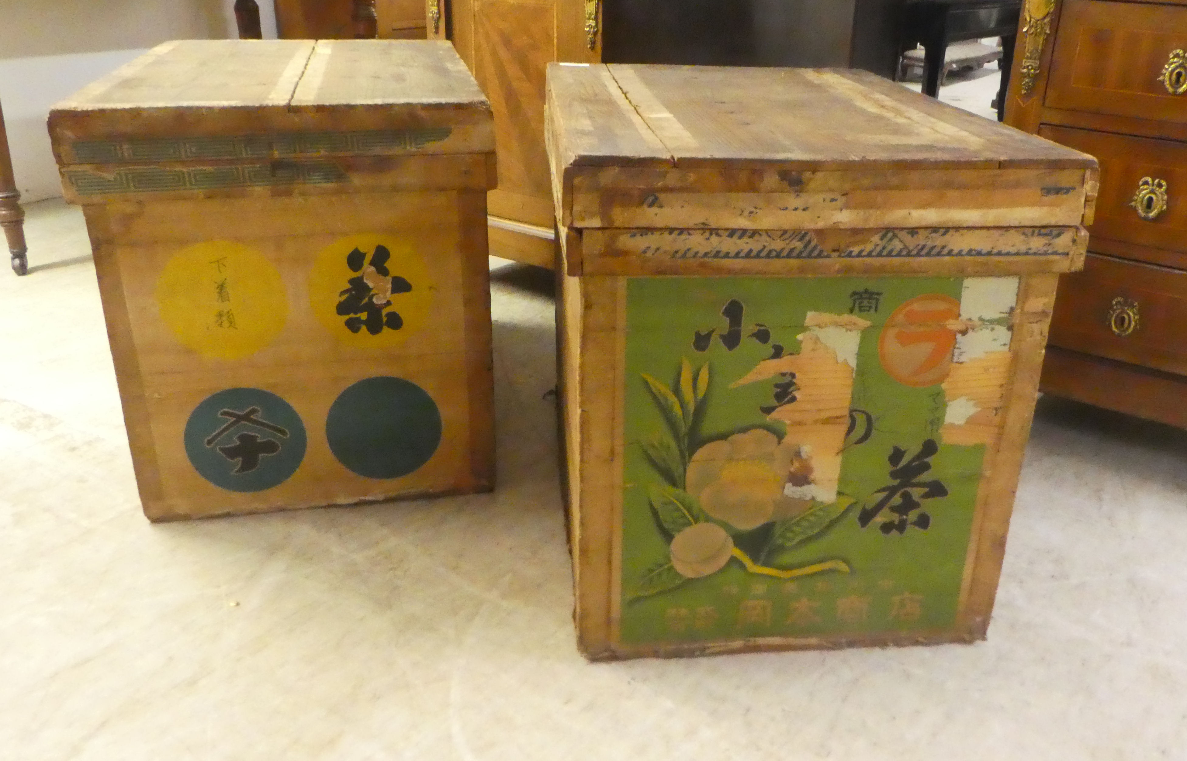 Two similar Japanese pine tea boxes with printed paper sides  19"h  26"w - Image 4 of 7