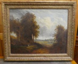 Late 19thC Dutch School - a woodland path with a village beyond  oil on canvas  19" x 24"  framed