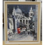 L Thorpe - a London street scene at night  oil on canvas  bears a signature  20" x 23"  framed