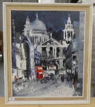 L Thorpe - a London street scene at night  oil on canvas  bears a signature  20" x 23"  framed