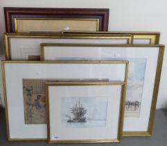 Five framed pictures and prints: to include Eduardo de Martino - ships on calm water  watercolour