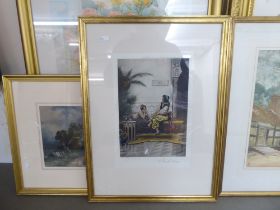 Five framed pictures and prints: to include after Aureli - 'A Good Story'  coloured print  8" x 11"