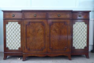 A modern crossbanded walnut and walnut veneered breakfront sideboard with four frieze drawers,