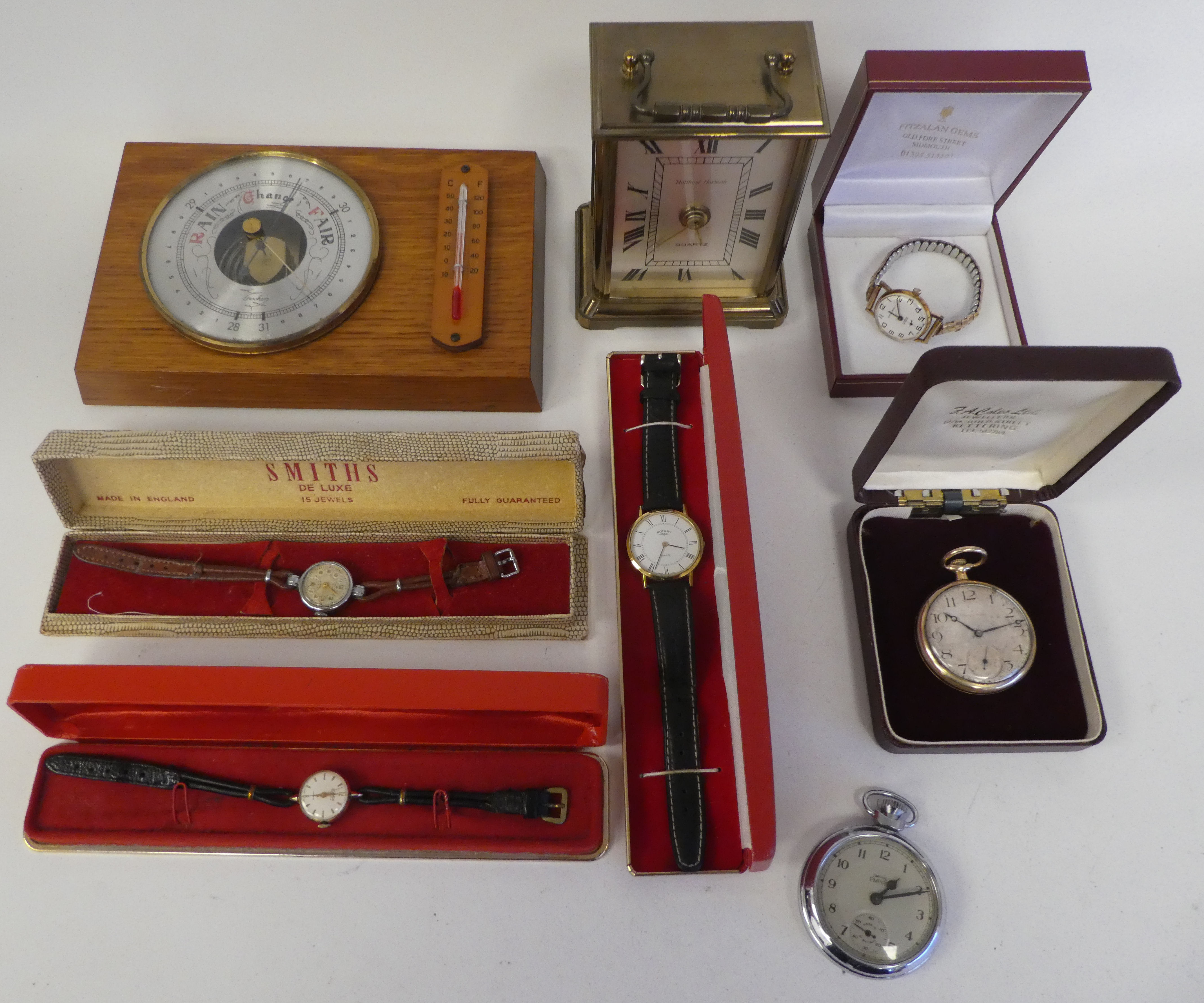 Pocket watches; wristwatches; a barometer; and a Matthew Norman carriage timepiece  6"h