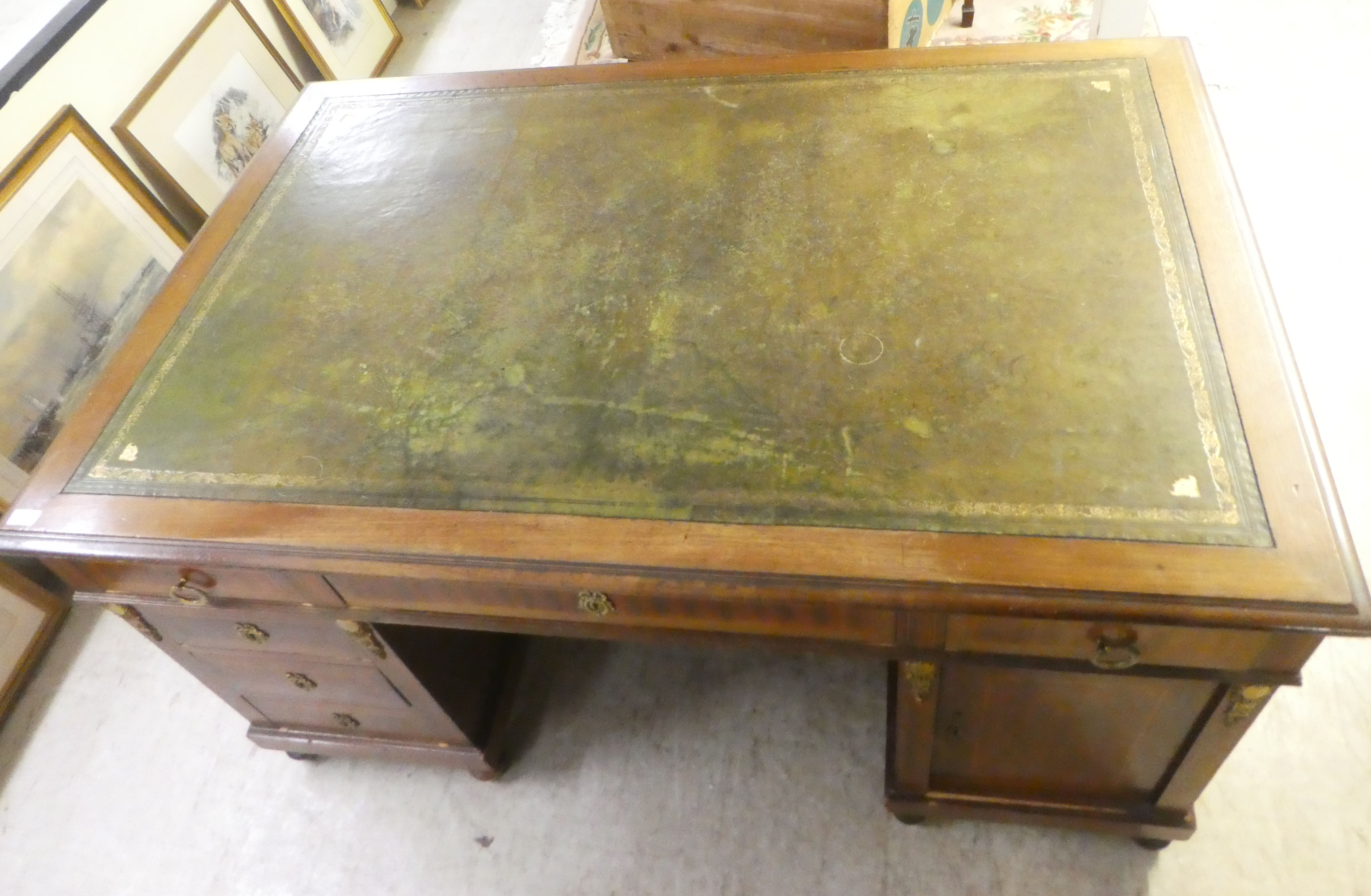 An early 20thC string inlaid mahogany, twin pedestal partner's desk with an arrangement of drawers - Image 3 of 6