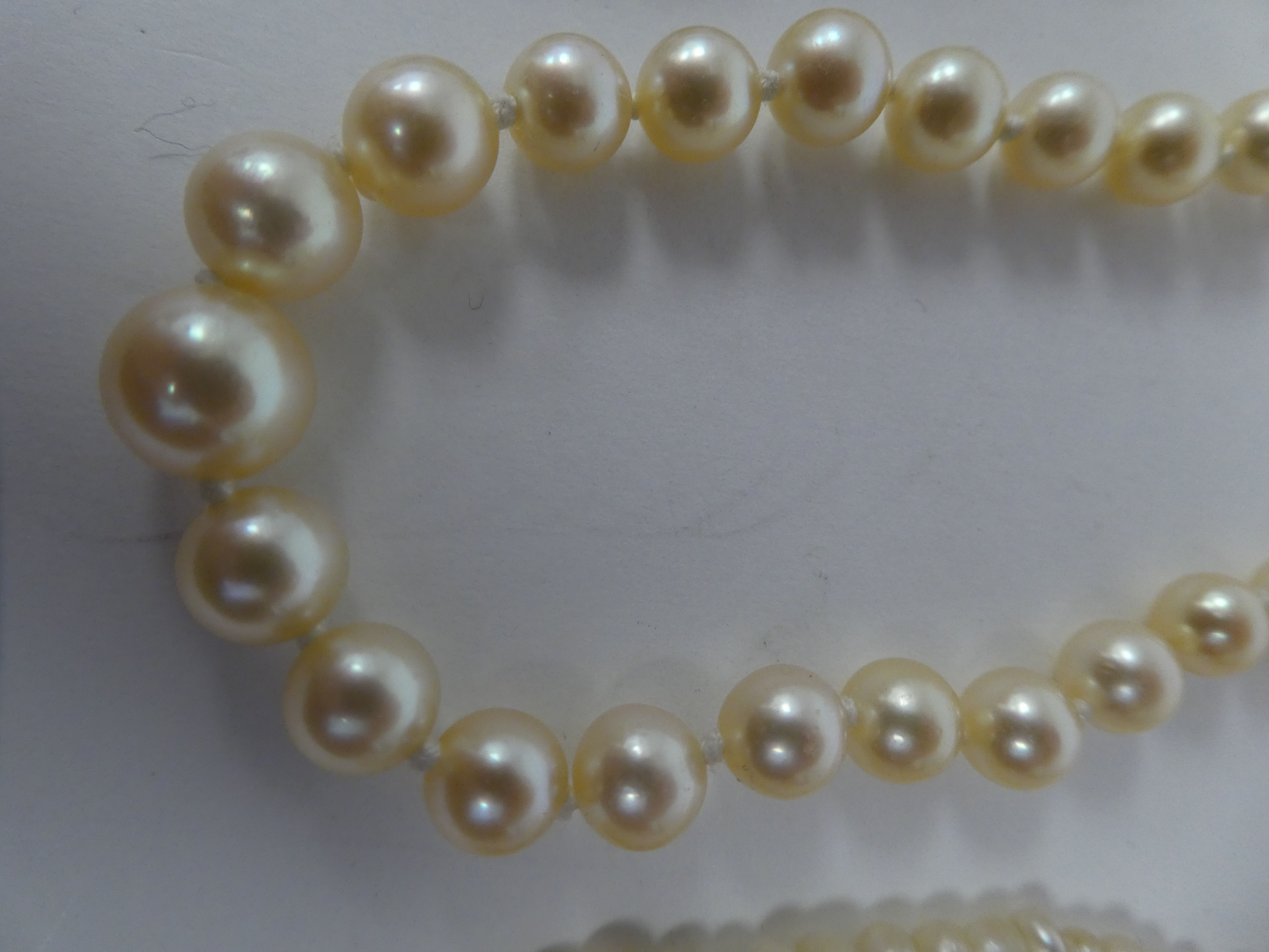 Three single strand pearl necklaces, each on a yellow metal clasp - Image 3 of 4