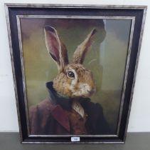 A regal study of a hare, dressed in a jacket  print  19" x 15"  framed