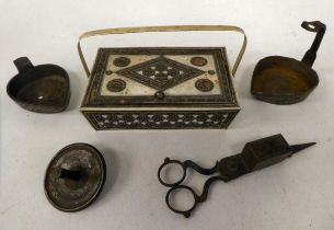 A mixed lot: to include an early 20thC Indian bone and marquetry inlaid sewing box  2"h  6"w