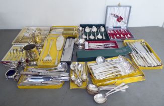 Silver plate cutlery, flatware, tableware, a goblet and a tankard