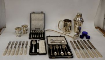 Silver and silver plated tableware: to include boxed sets of flatware  mixed marks; a cocktail